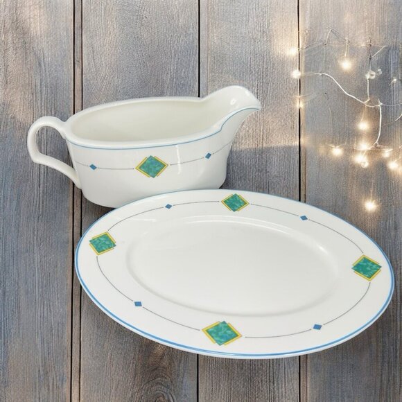 MIKASA ULTRA CERAM Gravy Boat With Underplate Gemini Porcelain Sauce Dish Japan - Picture 2 of 13